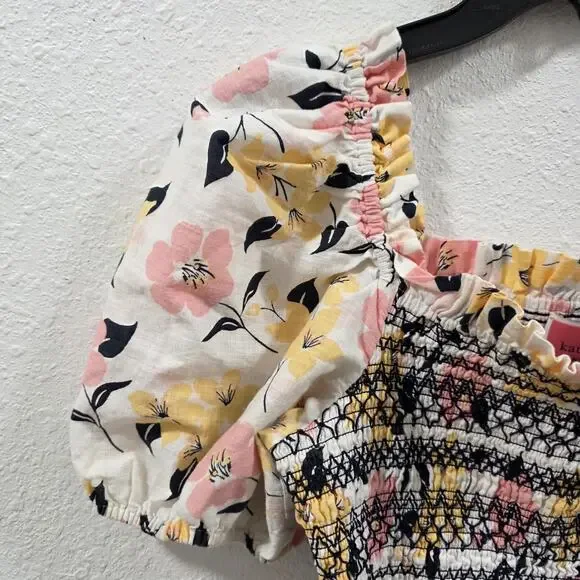 Kate Spade New York Floral Smocked Top Womens Medium Puff Sleeve Cotton Blouse - Picture 9 of 11